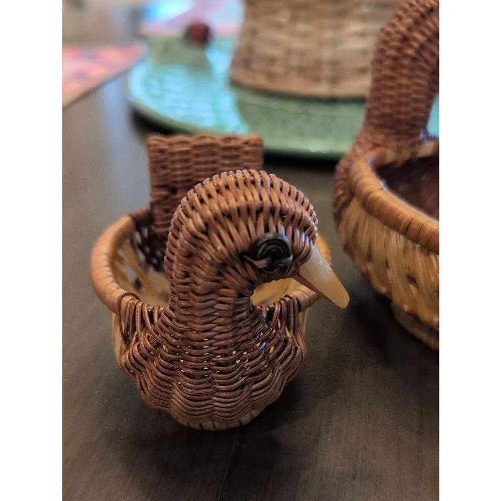 Vintage Handwoven Brown Wicker Duck Baskets Set of 2